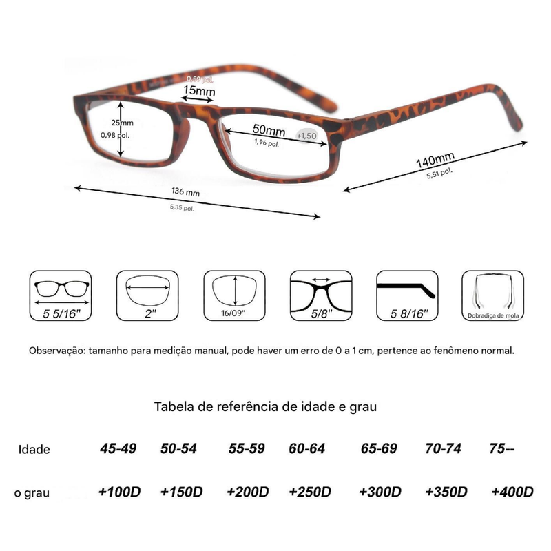 Óculos de Leitura  Retangular Ultraleve  - Unissex